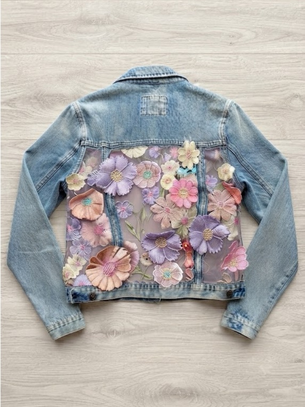 Upcycled Mesh Floral Denim Panel Jacket - Pastel 3D Flowers